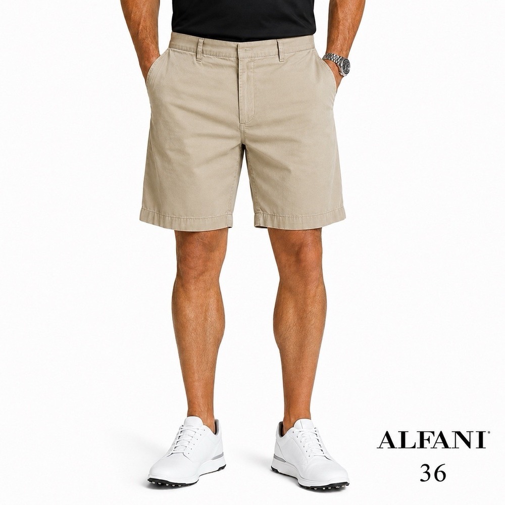 Alfani Men's 10.5" Shorts 36 Khaki Tan Cotton Chino Flat Front Casual Golf